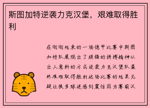 斯图加特逆袭力克汉堡，艰难取得胜利